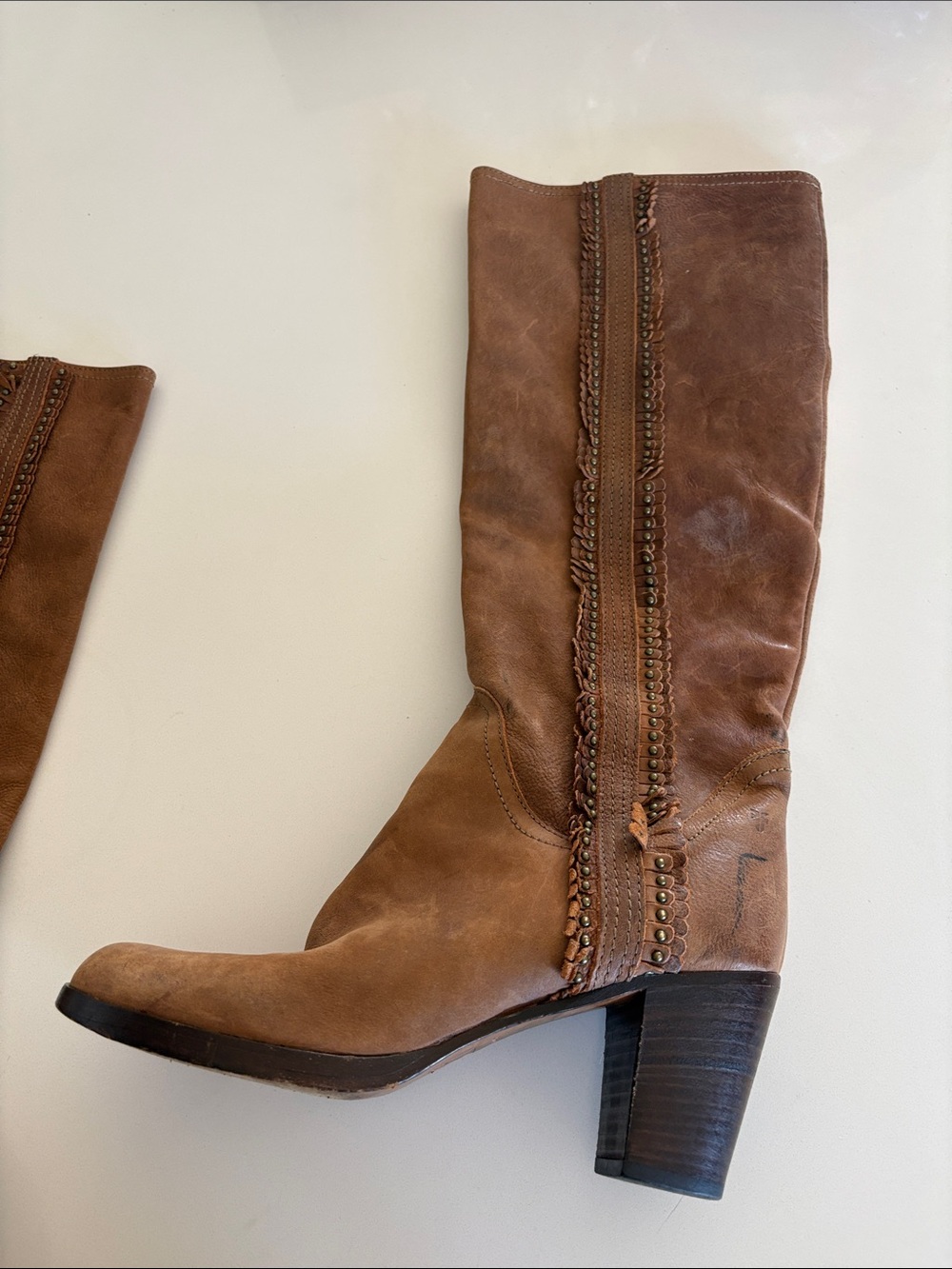 Frye Cognac Brown Scallop Studded Trim Leather Knee High Boots - Picture 4 of 17